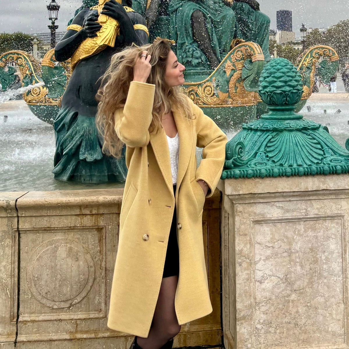 Manteau jaune Paris long femme laine mérinos et soie