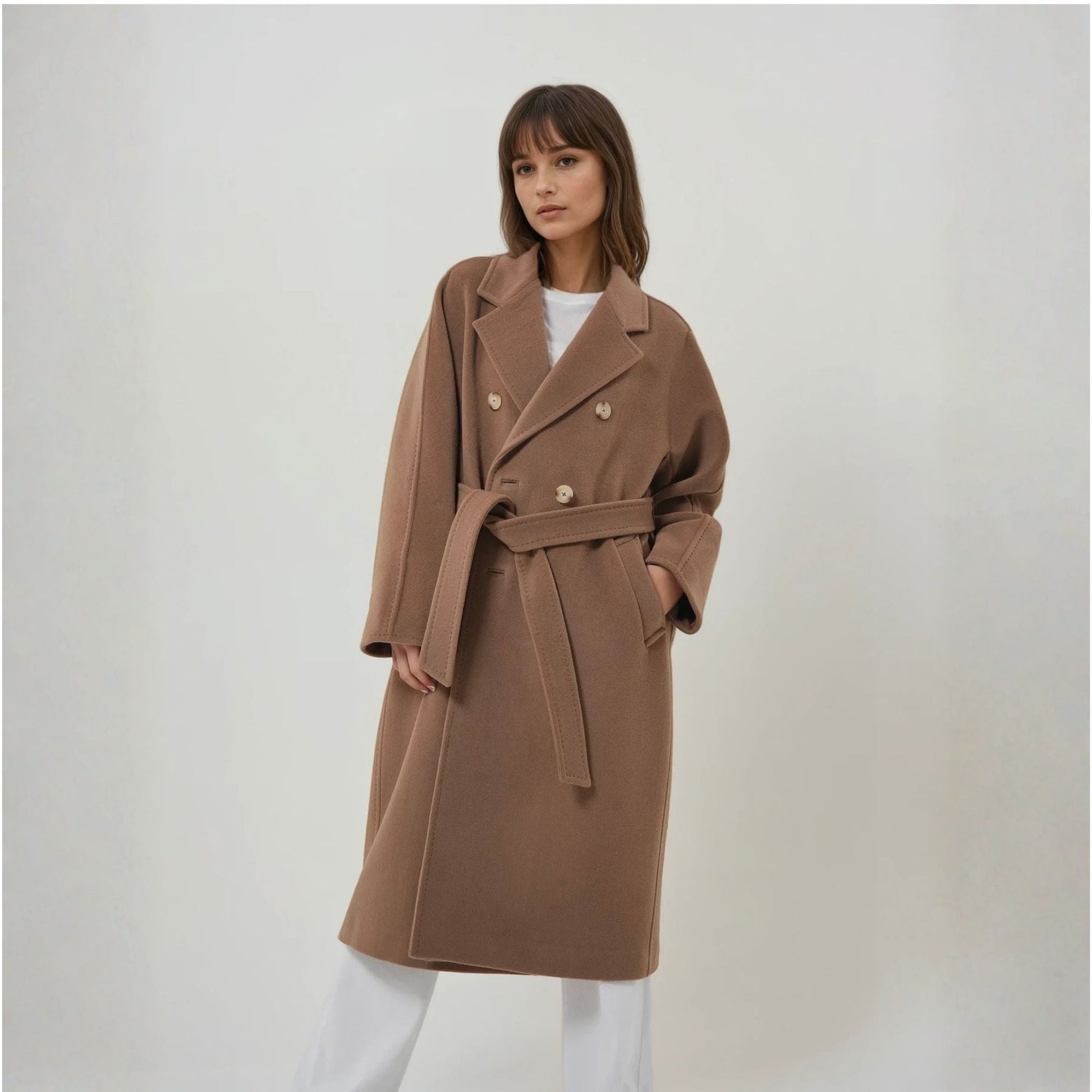 Manteau long laine naturel et cachemire marron elegant luxe