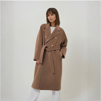 Manteau long laine naturel et cachemire marron elegant luxe
