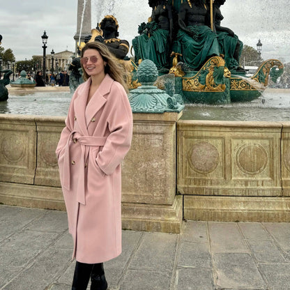 Manteau long en laine et cachemire rose clair pour femme, élégant et confortable, avec double boutonnage et ceinture amovible