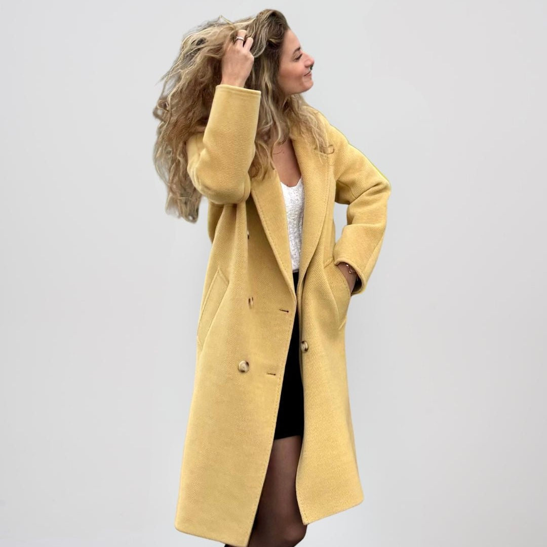 Manteau jaune long femme laine mérinos et soie