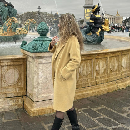 Manteau jaune femme long laine mérinos et soie hiver confortable et chaud