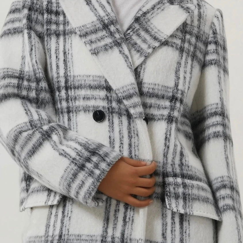 Manteau long laine mohair luxe a carreaux pour femme, qualité supérieure