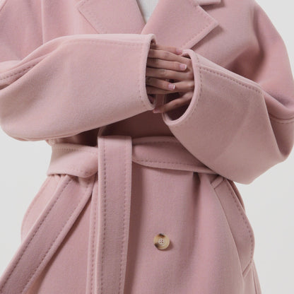Manteau long en laine et cachemire rose clair pour femme avec col tailleur et double boutonnage