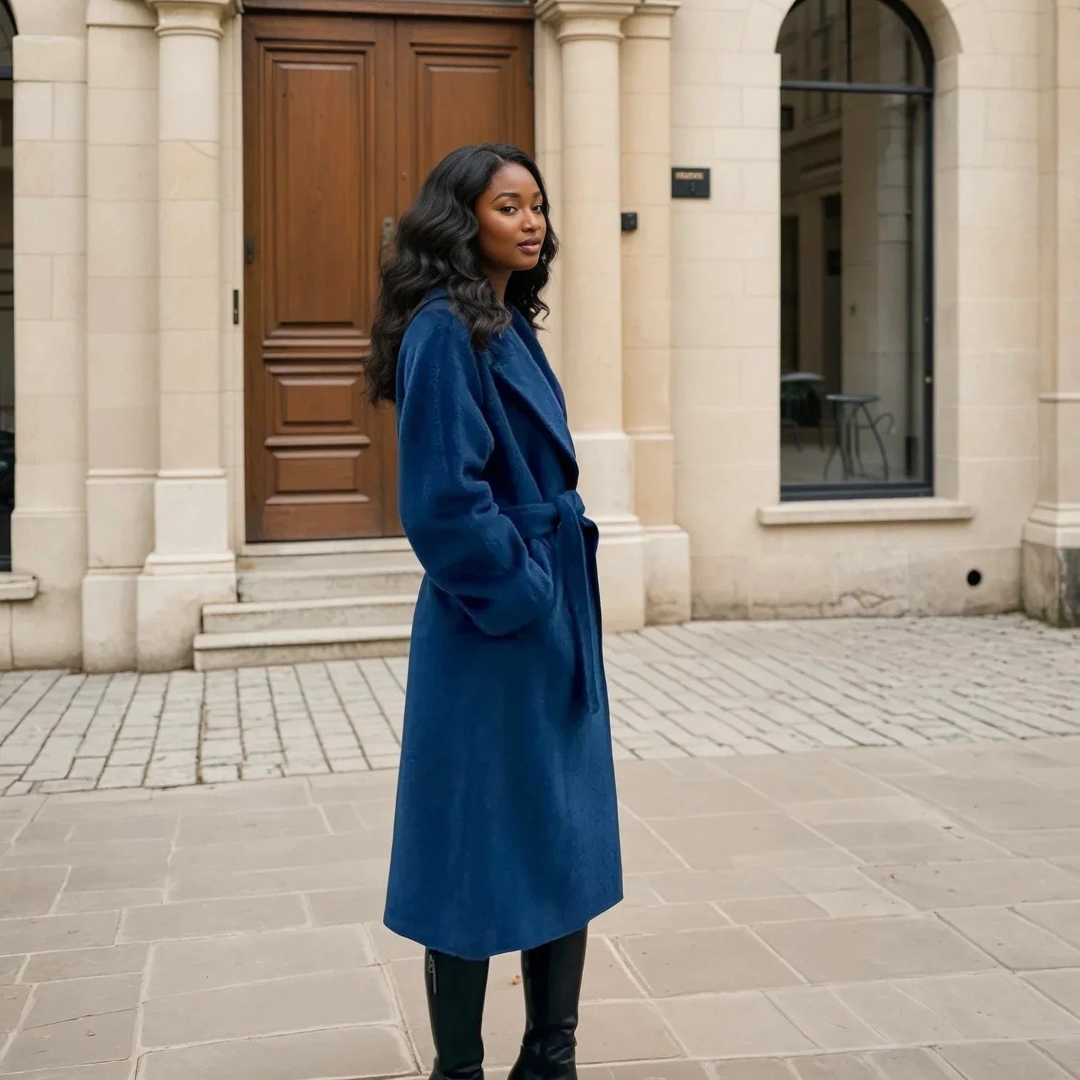 Manteau long en alpaga bleu et laine premium douceur et chaleur pour l'hiver