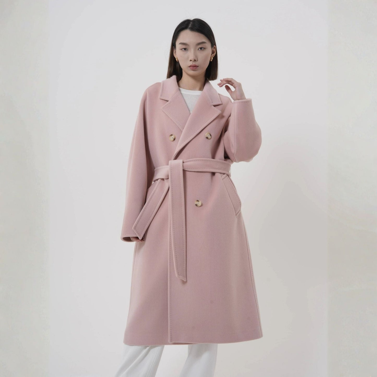 Manteau long en laine rose clair pour femme et cachemire, élégant et confortable pour l'hiver