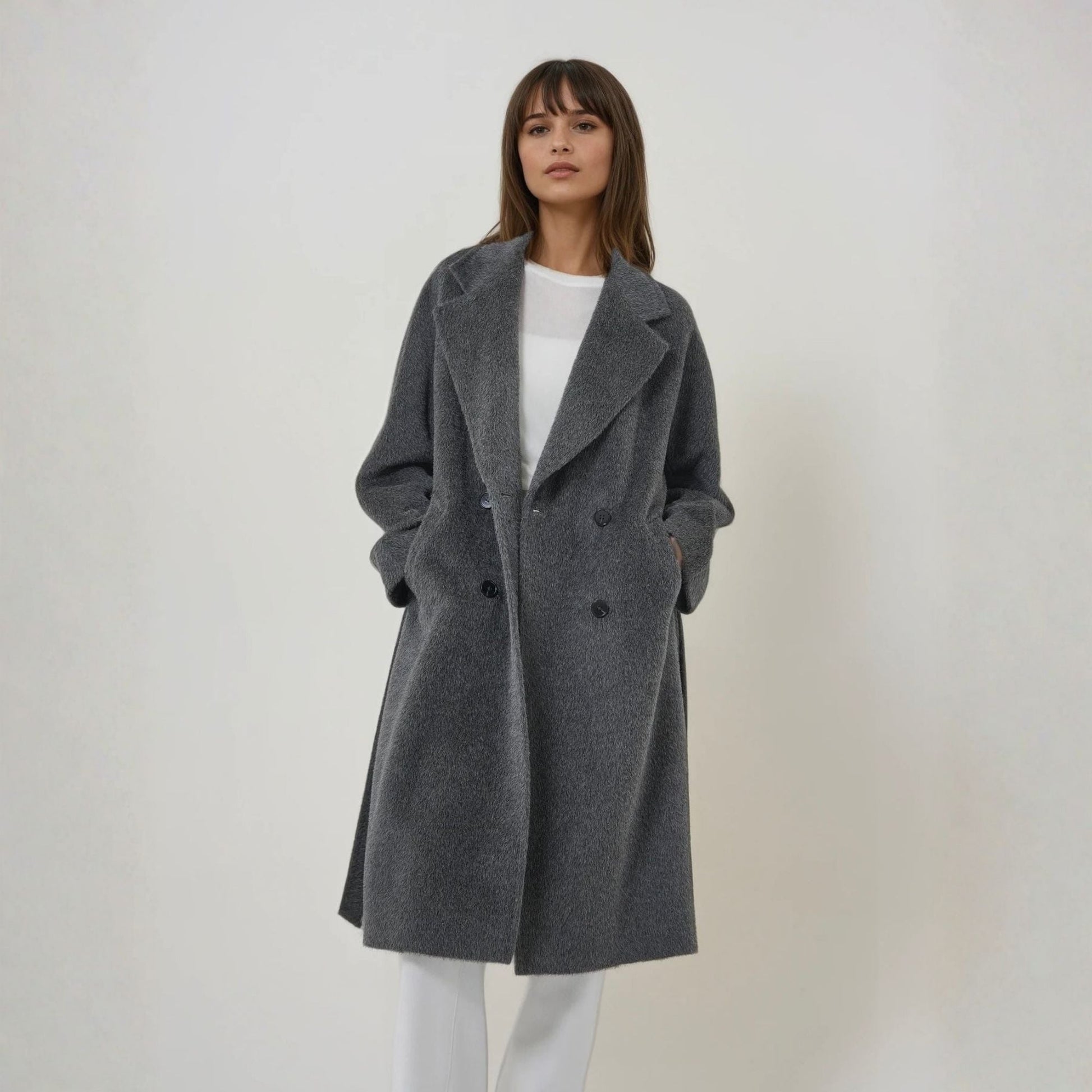 Manteau long femme laine de suri naturel gris luxe 